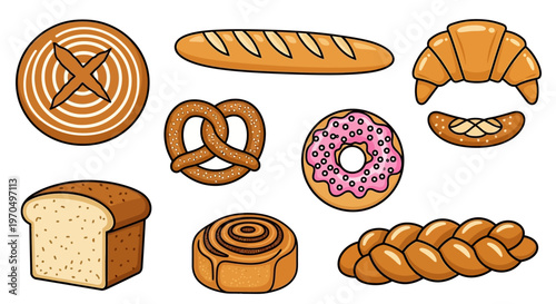 Assortment of freshly baked goods and pastries vector illustration