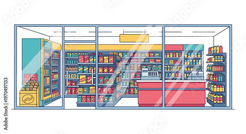 Illustrated interior of a modern grocery store with shelves full of products.