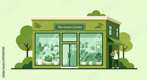Green corner plant shop with a customer carrying a plant