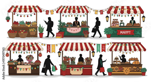 People shopping at various market stalls.