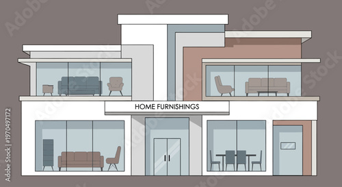 Modern home furnishings store with display windows