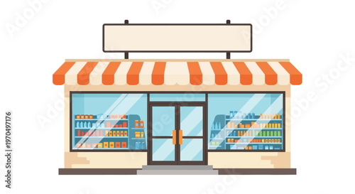 Illustration of a charming corner store with shelves stocked with goods.