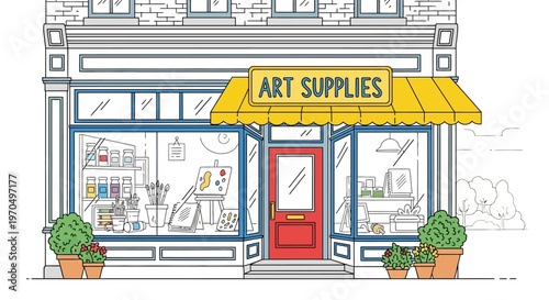 Art supply store exterior with colorful paints and brushes visible