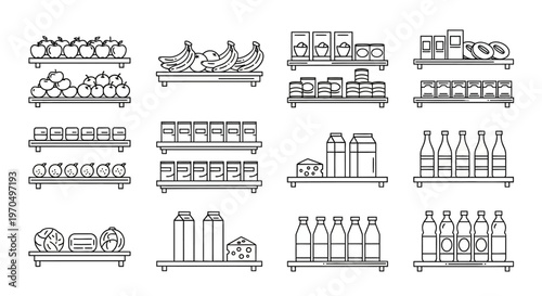 Grocery Store Shelves with Food Products Outline Icon Set