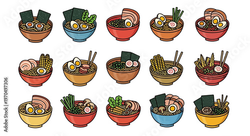 Variety of Asian noodle soups.
