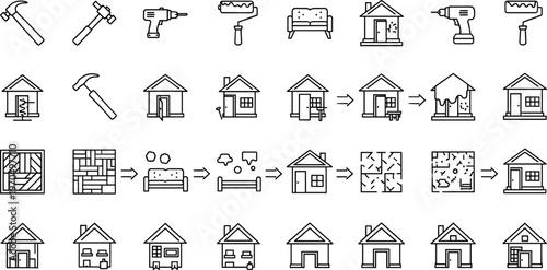 Home construction and renovation process line icon set featuring building tools house development repair and improvement workflow symbols