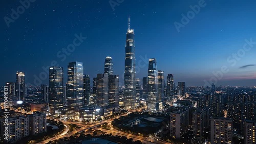 Cityscape at dusk with skyscrapers.