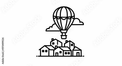 Hot air balloon over houses.