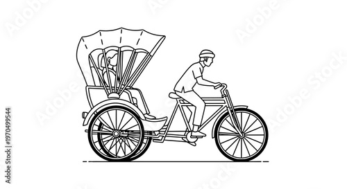 Man Riding a Pedal Rickshaw Vehicle.