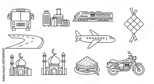 Various travel and food icons.