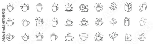 Tea and coffee line icons set featuring ceramic teapot steaming mug take away coffee tea bag leaf and flower and more vector illustration with editable stroke.