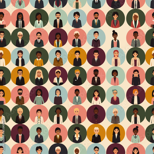 Diverse multi-ethnic people avatars in a seamless pattern. Represents global community, social networking, user profiles, and digital connection, symbolizing human diversity.