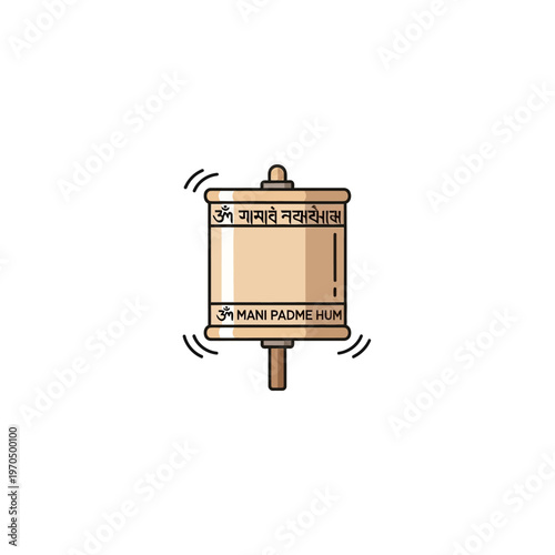 Bright flat color illustration of a spinning Buddhist prayer wheel, adorned with sacred text, symbolizing spiritual enlightenment, peace, and cultural heritage