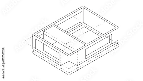 Isometric line drawing of a rectangular architectural foundation or building base with internal divisions and hidden elements on a white background.