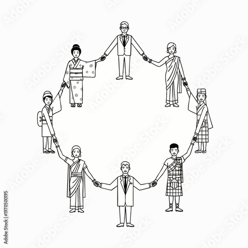 Diverse people from around the world holding hands in a circle, symbolizing global unity, cooperation, and multicultural harmony. Black and white line art.