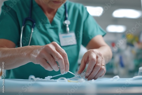 Nurse preparing medical equipment.