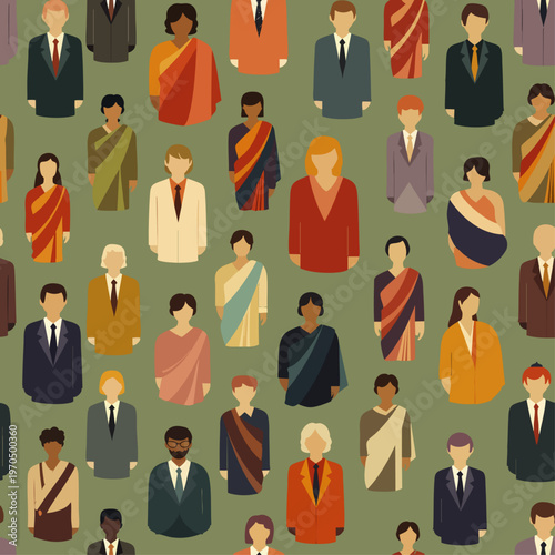 Seamless pattern of diverse multi-ethnic people from various cultures and professions, representing global community, unity, and inclusion in a flat design style.