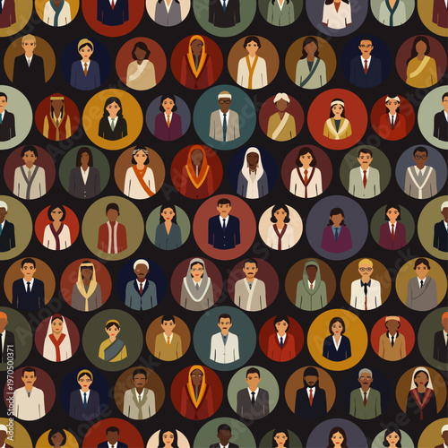 Seamless pattern of diverse global community avatars, representing various ethnicities, cultures, and nationalities, symbolizing unity and human connection.