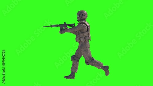 Wallpaper Mural Armed military soldier running and aiming rifle 3D render concept on green background Torontodigital.ca
