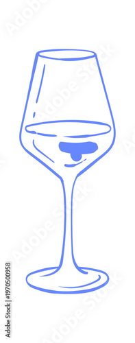 Whimsical blue wine glass in ink line style. Minimalist drink doodle as cute cafe icon and restaurant menu element. Simple hand drawn glass outline for invitation card or social media art