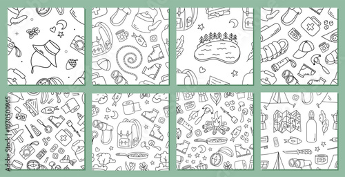 Seamless sketch set with camping adventure pattern style. Forest and camp theme, hiking with tent, map, backpack and campfire as doodle elements. Perfect for colorful outdoor trip or travel