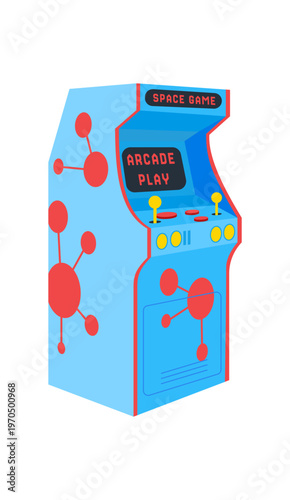 Retro arcade video game machine in flat cartoon graphic style. Entertainment and play with joystick and controller, classic videogame fun machine. Nostalgic pop gaming for players.