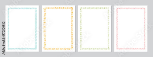 Simple minimalist hand drawn line frame in soft blue, yellow, green and red. Vertical rectangle border as cute decorative element and minimal outline for wedding or birthday card, modern invite,