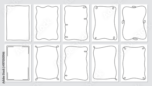 Romantic french hand drawn ribbon frame set in black line on white. Wedding border collection as whimsical doodle outline and cute vintage decor. Minimal wavy rectangle card for social media invite