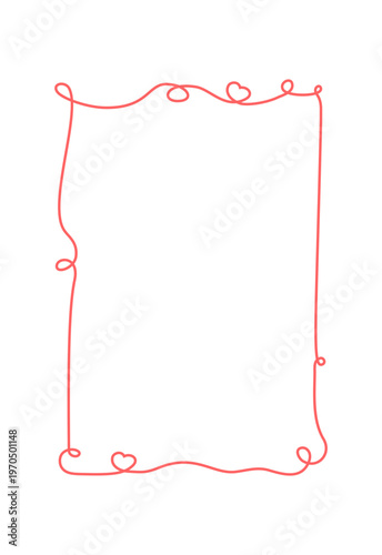 Whimsical hand drawn wedding border with red ribbon line and tiny heart bow decor. Romantic wavy frame as simple card background. Cute vintage border for valentine invite or social media post