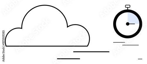 Cloud computing, time management, data speed, technology efficiency, digital storage, fast processing. Black cloud outline with stopwatch icon. Cloud computing and time management concept