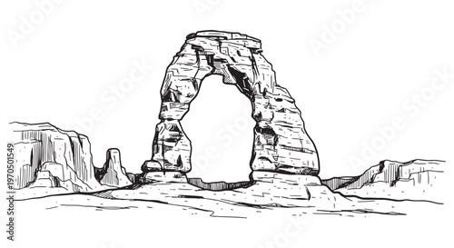 Iconic natural sandstone arch in a desert rock formation. Vintage hand drawn sketch of a famous western landmark arch.
