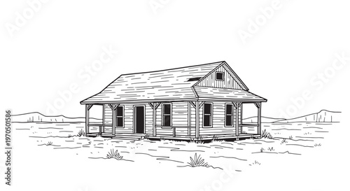Isolated wooden ranch house on a flat prairie landscape. Vintage hand drawn sketch of a rustic pioneer cottage home.