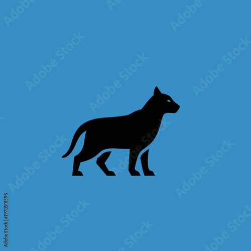 Black dog silhouette standing alert on blue background.
