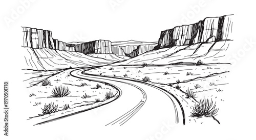 Winding canyon road through desert mountain pass. Hand drawn western landscape for road trip and travel guide.