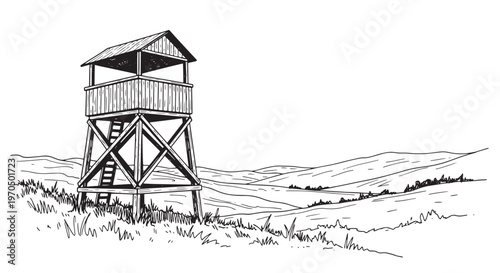 Rustic wooden watchtower on hilltop overlooking valley. Hand drawn western observation post for park navigation.