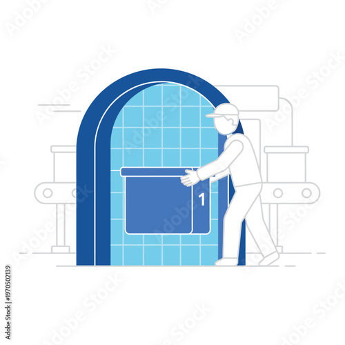 Worker placing box on conveyor belt in factory.