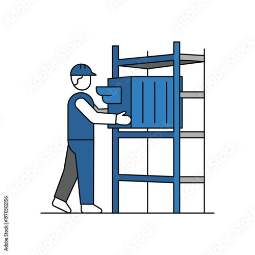 Worker Placing Heavy Blue Equipment on Industrial Shelving.