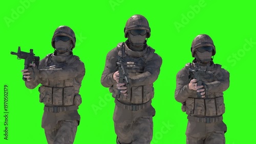 Wallpaper Mural Armed military soldier running and aiming rifle 3D render concept on green background Torontodigital.ca