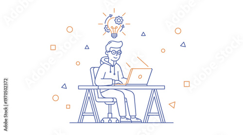 Young man working on laptop with bright idea bulb above head.