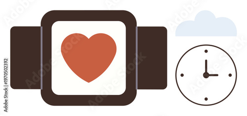 Fitness tracking, heart rate monitoring, wearable technology, healthy lifestyle, healthcare, activity tracking. A smartwatch with a heart icon, clock and cloud. Fitness tracking and heart rate
