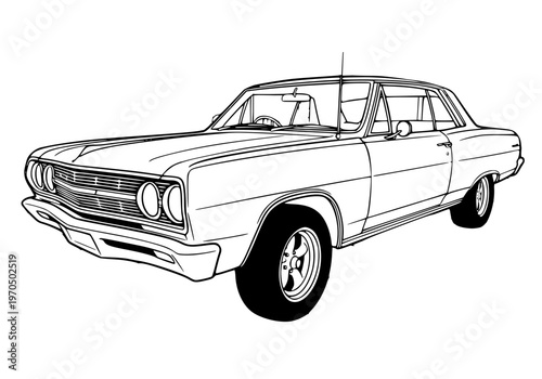 Classic Retro Sedan Vector Illustration - Vintage American Muscle Car Line Art