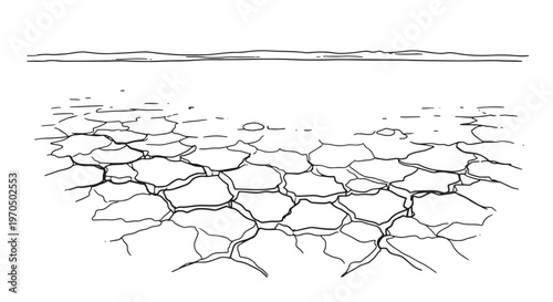 Dried salt flat plains with polygonal cracks hand drawn sketch. Barren desert wasteland for ecological concepts.