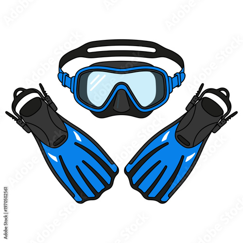 Snorkeling and scuba diving gear, showcasing mask and fins ready for aquatic adventure