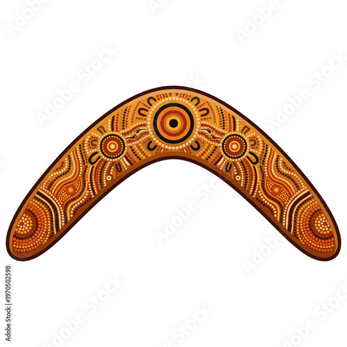 A close-up shot of an Australian boomerang adorned with Indigenous art patterns. 