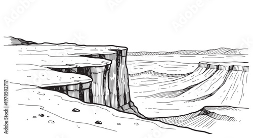 Majestic canyon cliff edge overlooking a vast desert plateau. Vintage hand drawn sketch of a rocky western landscape.