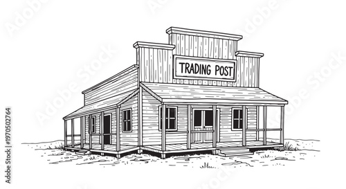 Old West trading post building with porch hand drawn sketch. Historical frontier storefront for heritage projects.