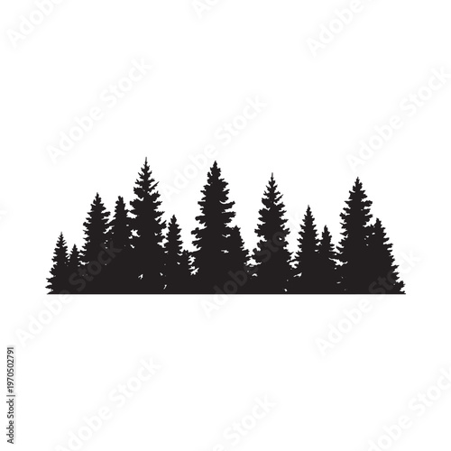 A silhouetted forest scene with coniferous trees against a white background