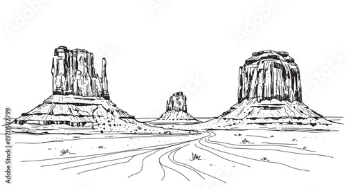 Monument Valley desert landscape with sandstone buttes. Vintage hand drawn sketch of iconic southwest rock formations.