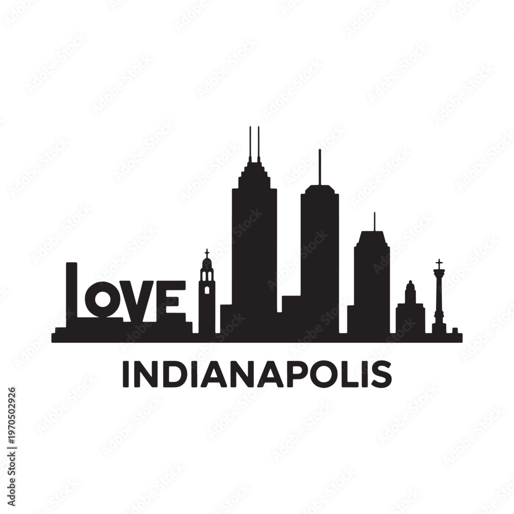 Naklejka premium Indianapolis skyline silhouette with the word love integrated into design