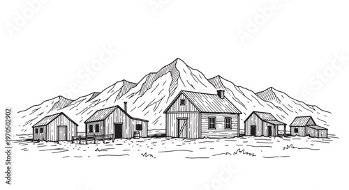 Pioneer mountain village settlement with wooden cabins sketch. Historic western town at the base of rugged peaks.